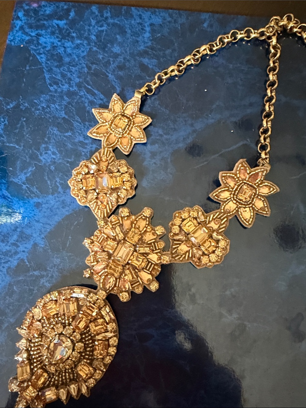 Gold Floral Crystal Statement Necklace - Elegant Gold-Tone Pendant